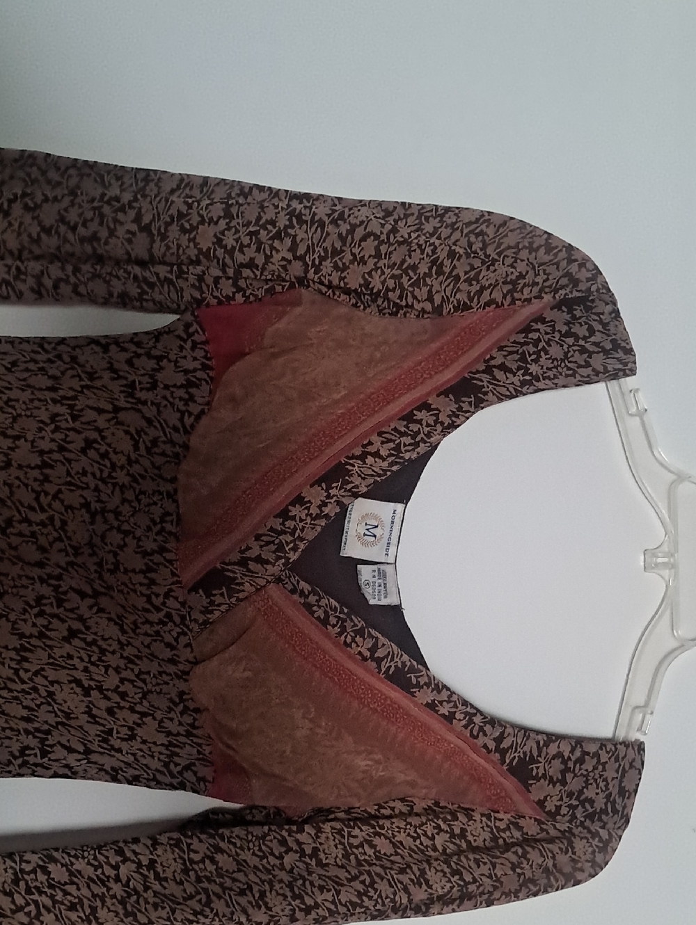 Brown Patterned Long Sleeve V-Neck Top
